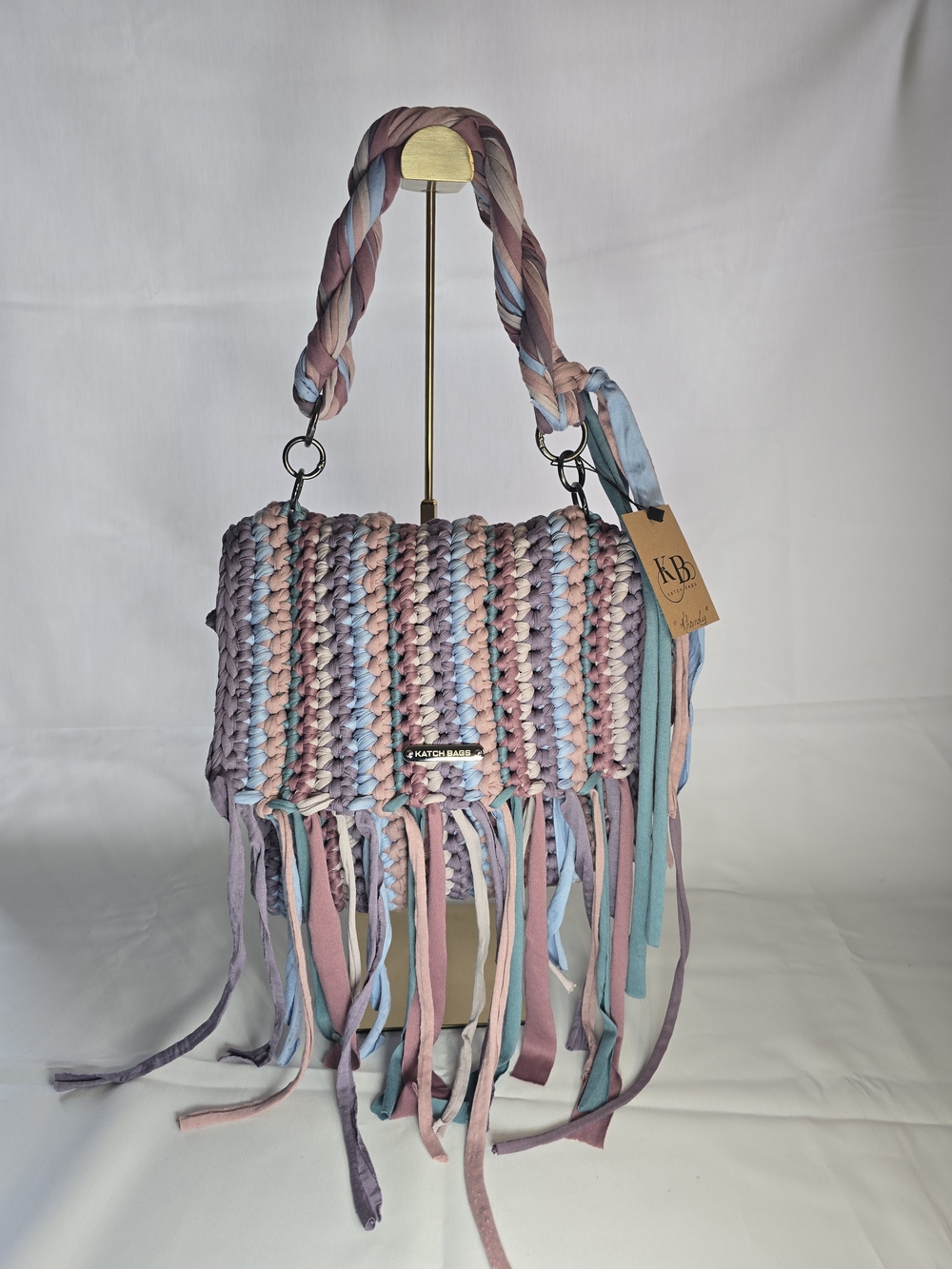 Hand Crafted Pastel Crochet Fringe Shoulder Bag in Pink, Blue, Lavender - Picture 3 of 4